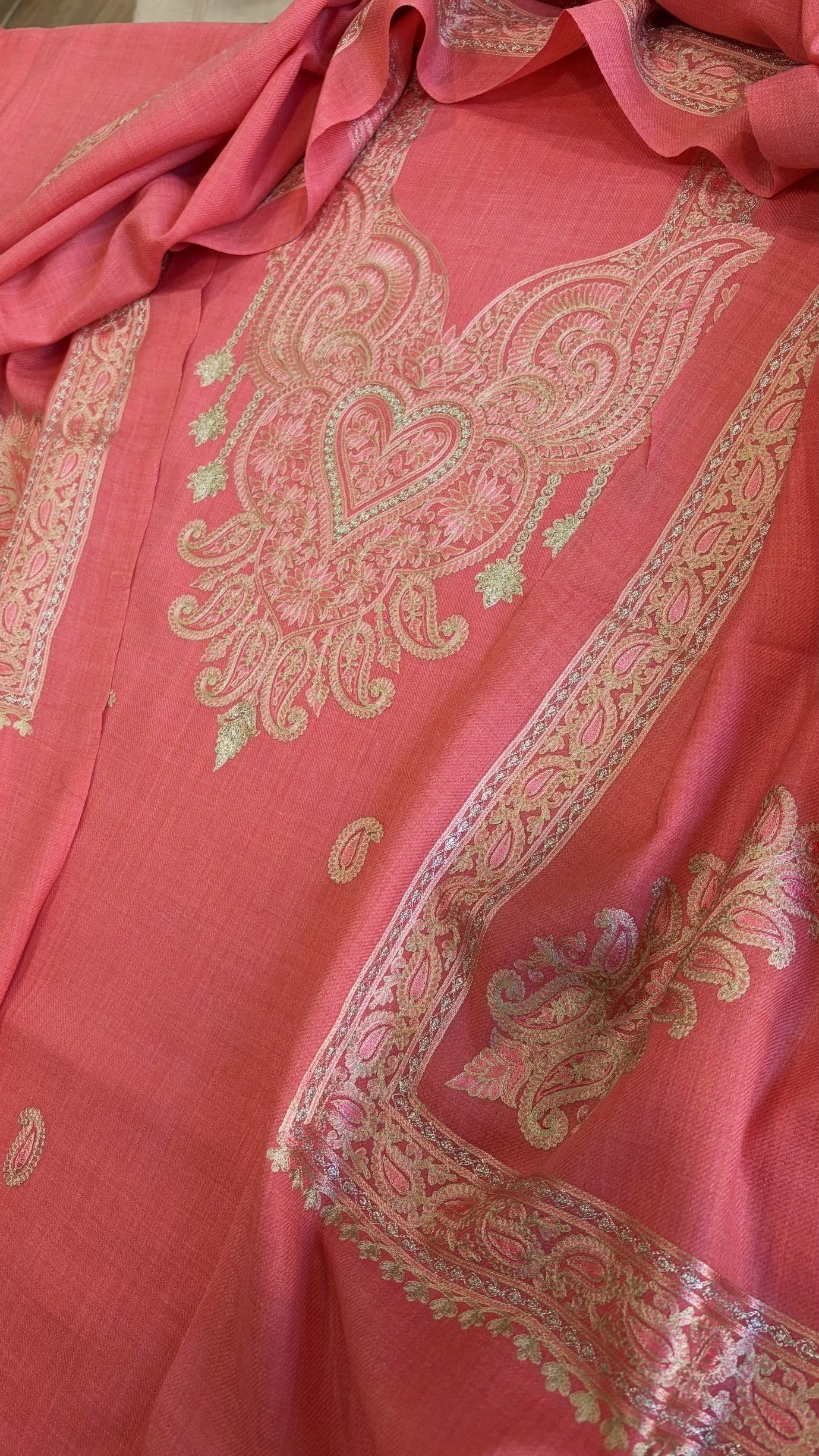 Peachish Pink Winter Suit Set with Aari Work in Pashmina Wool - Masakalee