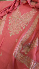Peachish Pink Winter Suit Set with Aari Work in Pashmina Wool - Masakalee