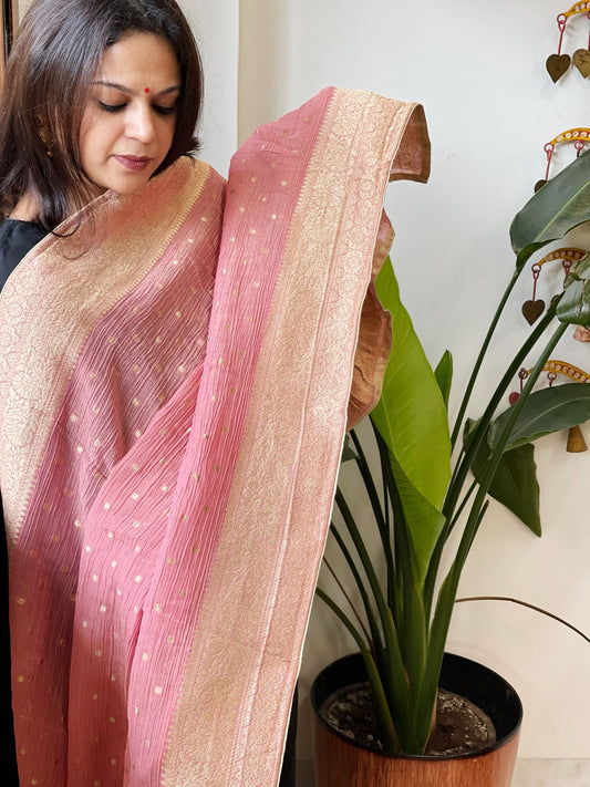 Peachish Pink Woven Banarasi Dupatta in Tissue - Masakalee
