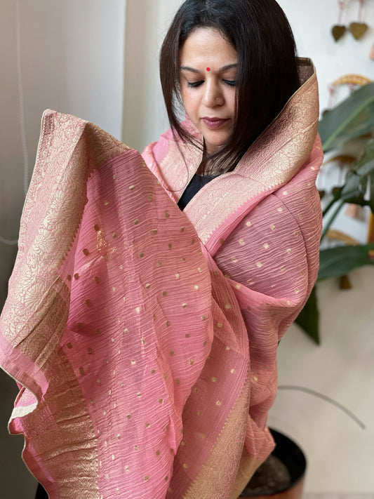 Peachish Pink Woven Banarasi Dupatta in Tissue - Masakalee
