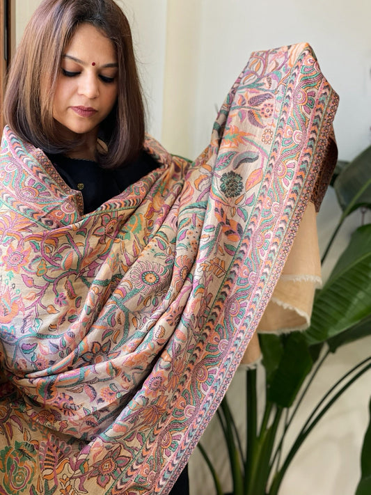 Peachish Pink Woven Zari Pashmina Shawl with Kaani Design Border & Pallu - Masakalee