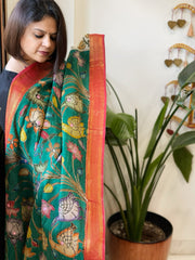 Peacock Green Handpainted Kalamkari Dupatta with Thread & Mirror Handwork in Chanderi Silk - Masakalee