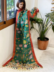 Peacock Green Handpainted Kalamkari Dupatta with Thread & Mirror Handwork in Chanderi Silk - Masakalee