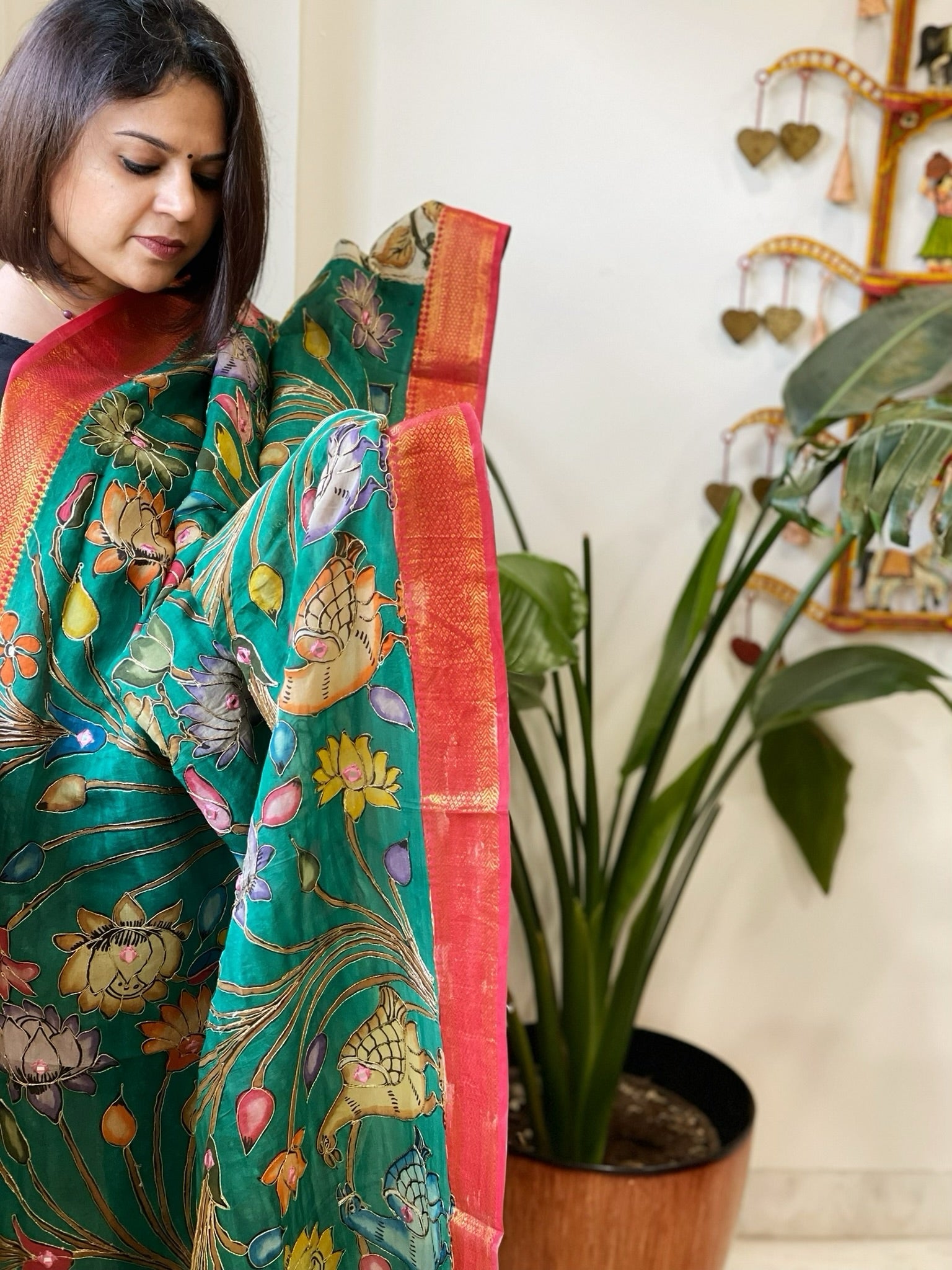Peacock Green Handpainted Kalamkari Dupatta with Thread & Mirror Handwork in Chanderi Silk - Masakalee
