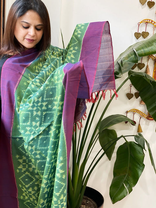 Peacock Green, Purple Handwoven Ikat Dupatta in Cotton - Masakalee