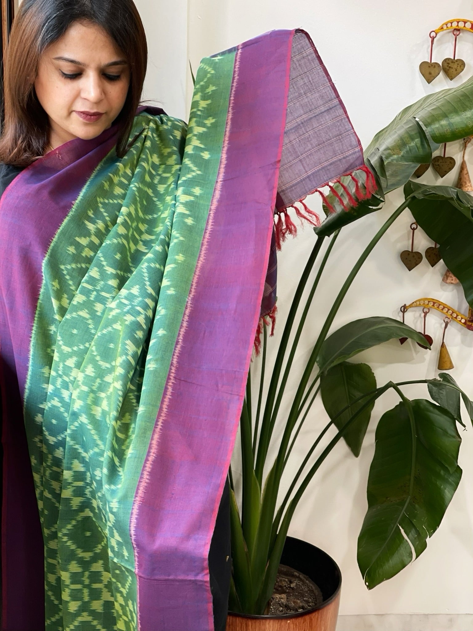 Peacock Green, Purple Handwoven Ikat Dupatta in Cotton - Masakalee