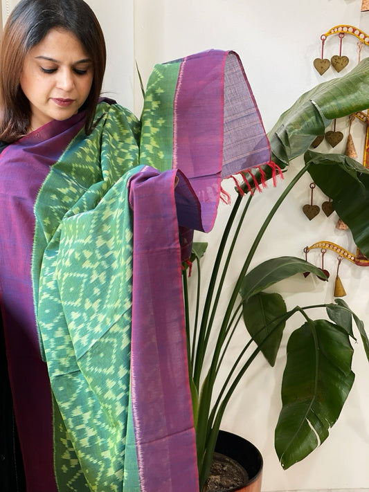 Peacock Green, Purple Handwoven Ikat Dupatta in Cotton - Masakalee