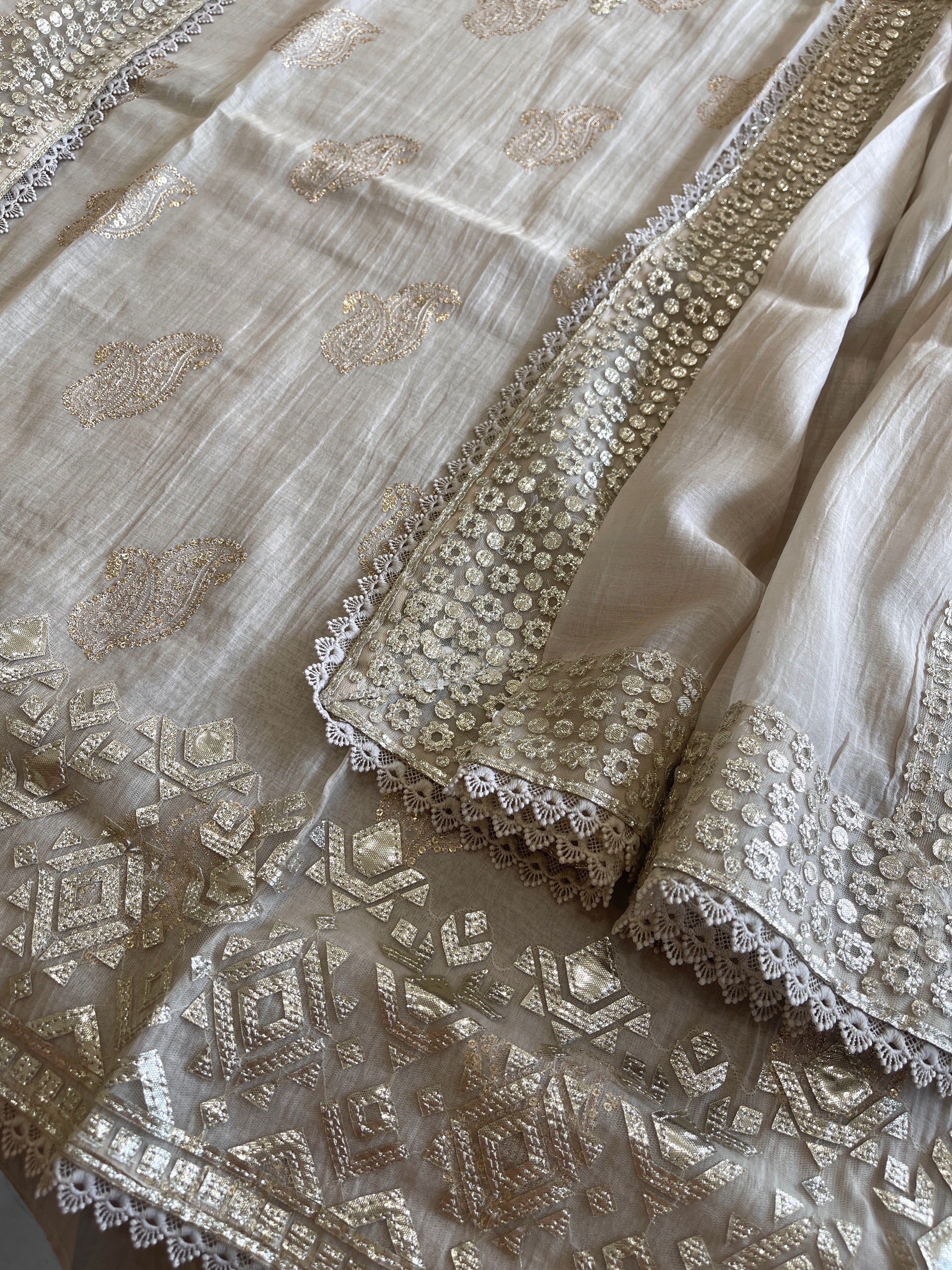 Pearl Beige Gota Applique Suit Set in Pure Mul Chanderi - Masakalee