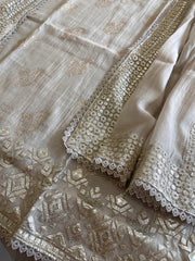 Pearl Beige Gota Applique Suit Set in Pure Mul Chanderi - Masakalee
