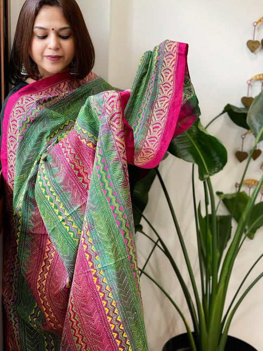 Pink and Green Handmade Kantha Dupatta in Silk - Masakalee