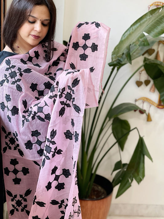 Pink Applique handwork Dupatta in Mul Chanderi - Masakalee