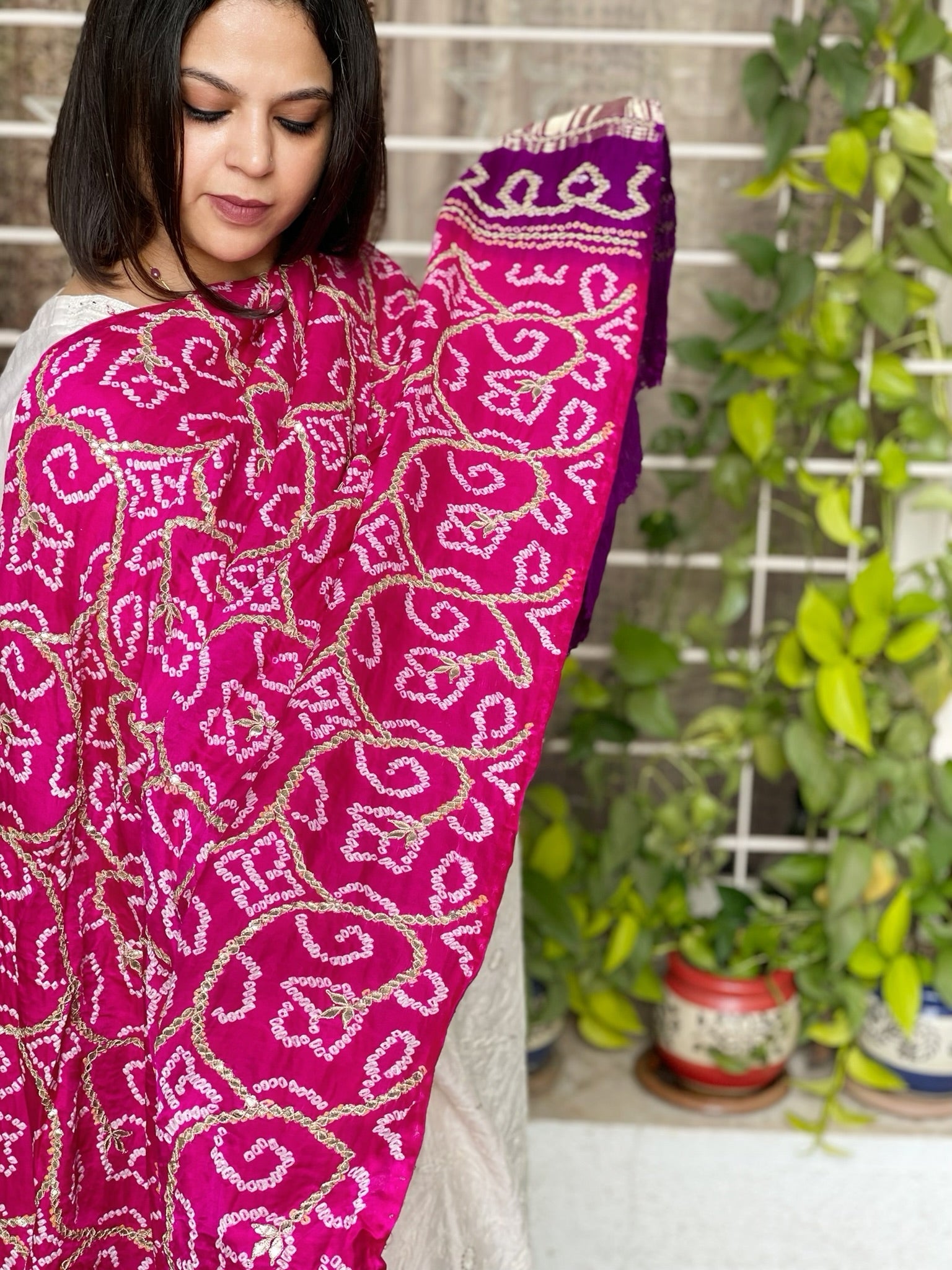 Pink Bandhani Dupatta with Gotapatti Handwork in Pure Silk - Masakalee