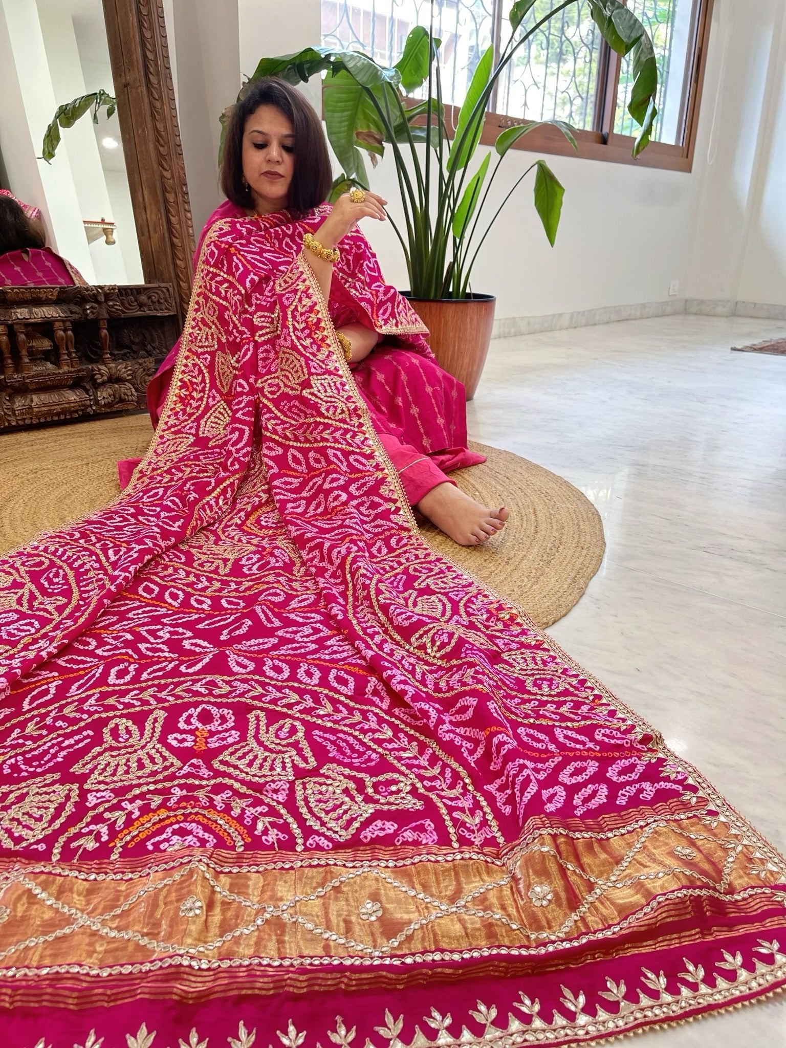 Pink Bandhani Dupatta with Gotapatti Handwork in Pure Silk - Masakalee