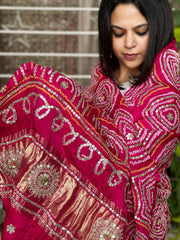 Pink Bandhani Dupatta with Gotapatti Handwork in Pure Silk - Masakalee