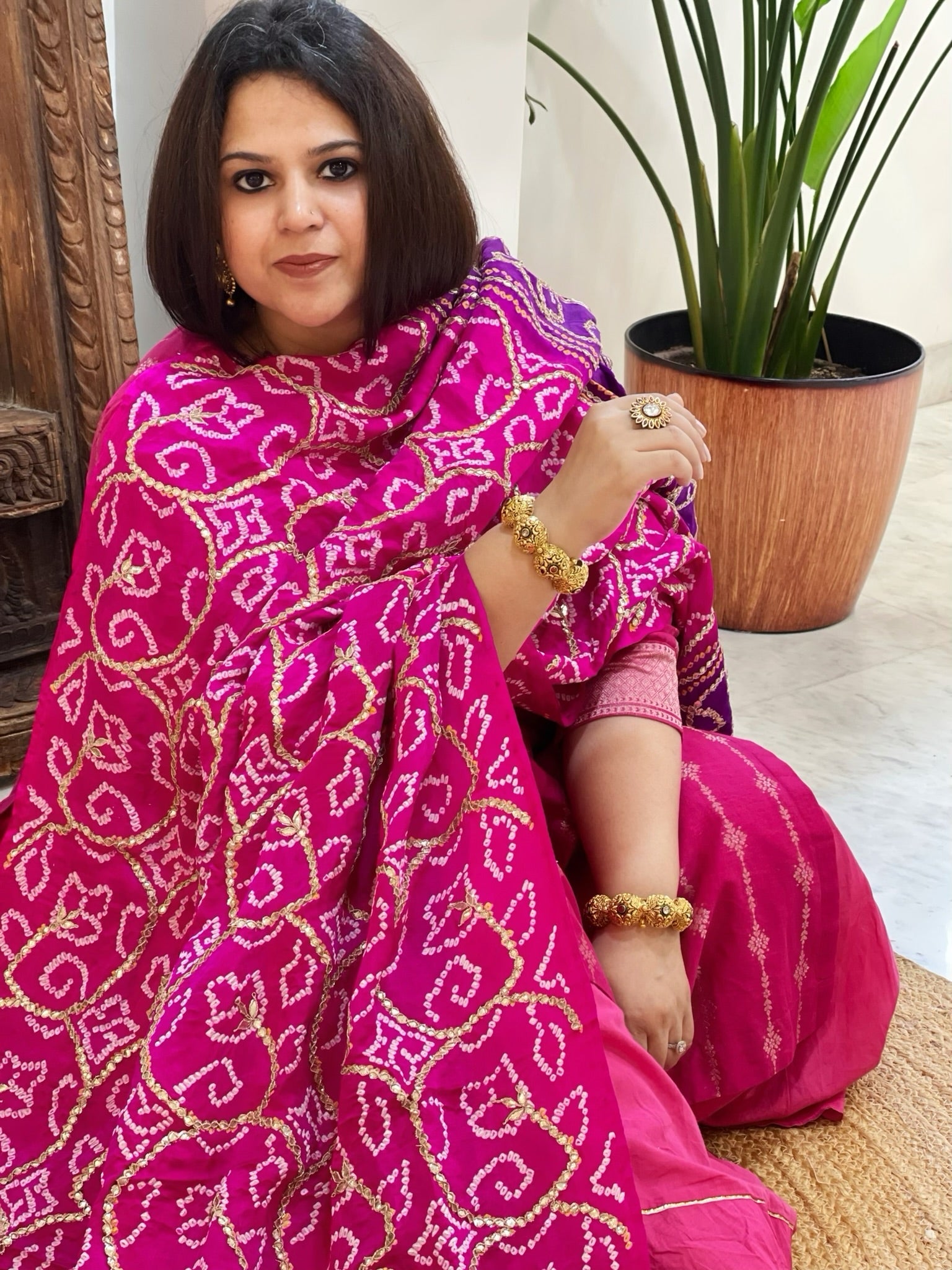 Pink Bandhani Dupatta with Gotapatti Handwork in Pure Silk - Masakalee