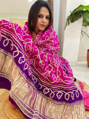 Pink Bandhani Dupatta with Gotapatti Handwork in Pure Silk - Masakalee