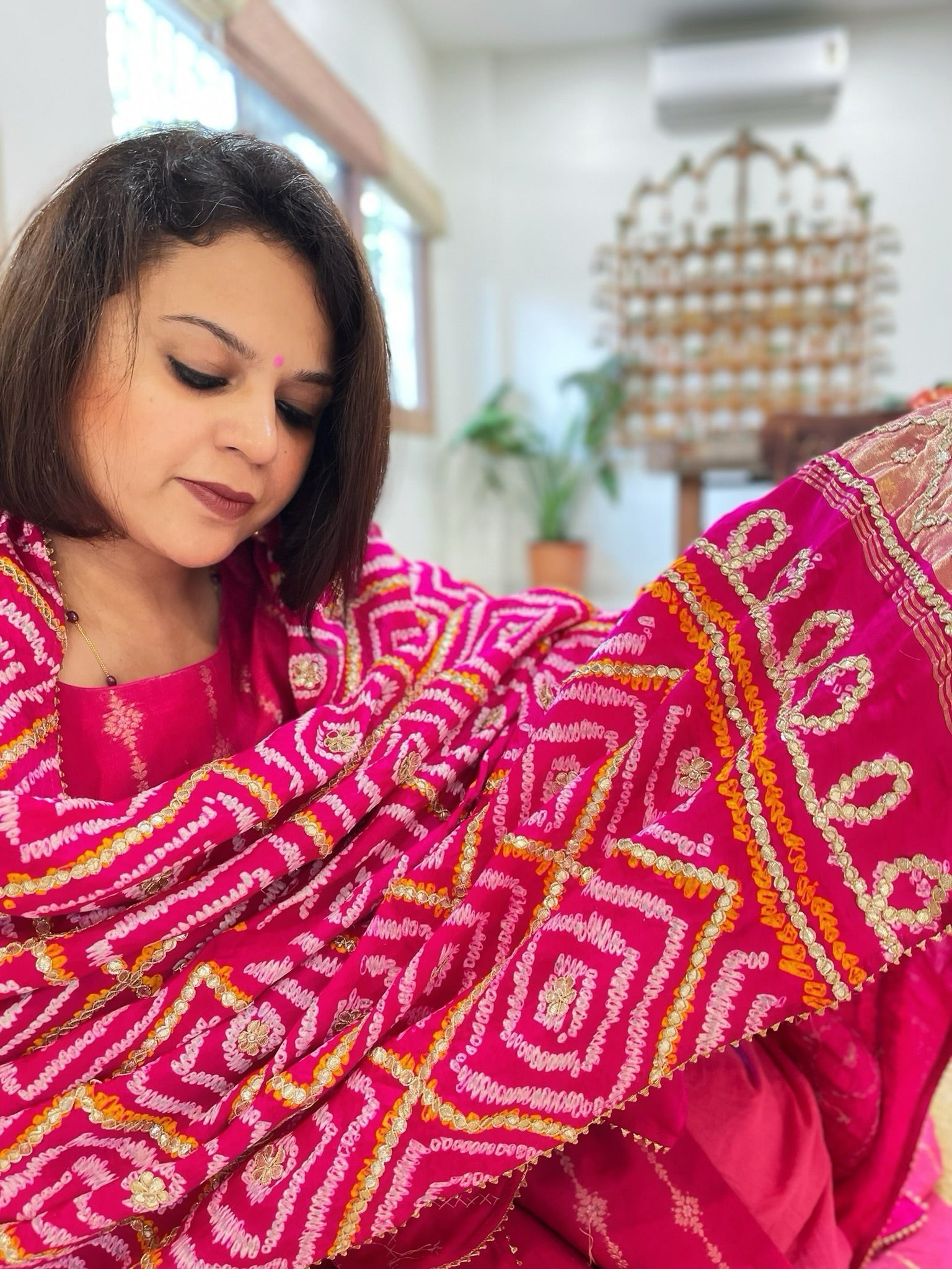 Pink Bandhani Dupatta with Gotapatti Handwork in Pure Silk - Masakalee