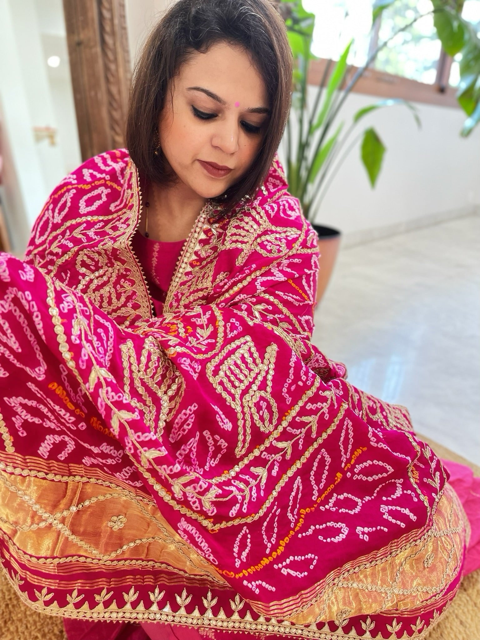 Pink Bandhani Dupatta with Gotapatti Handwork in Pure Silk - Masakalee