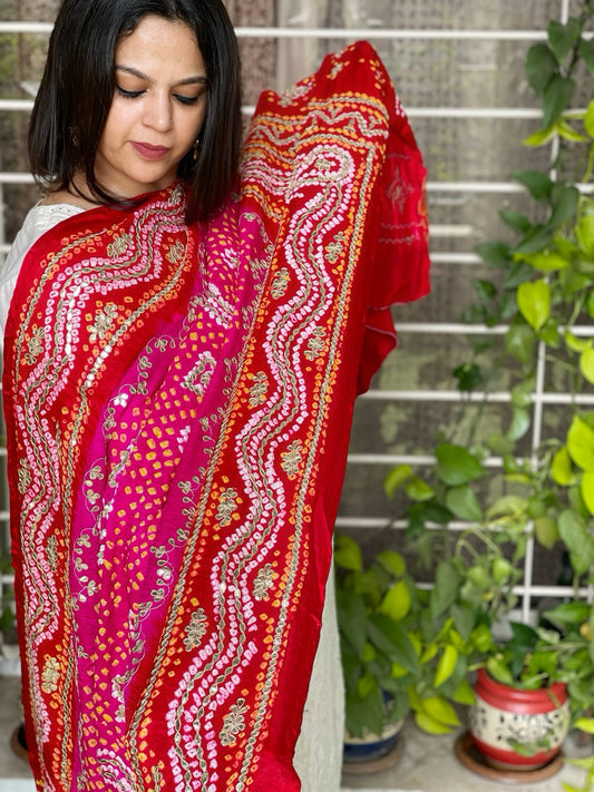 Pink Bandhani Dupatta with Gotapatti Handwork in Pure Silk - Masakalee