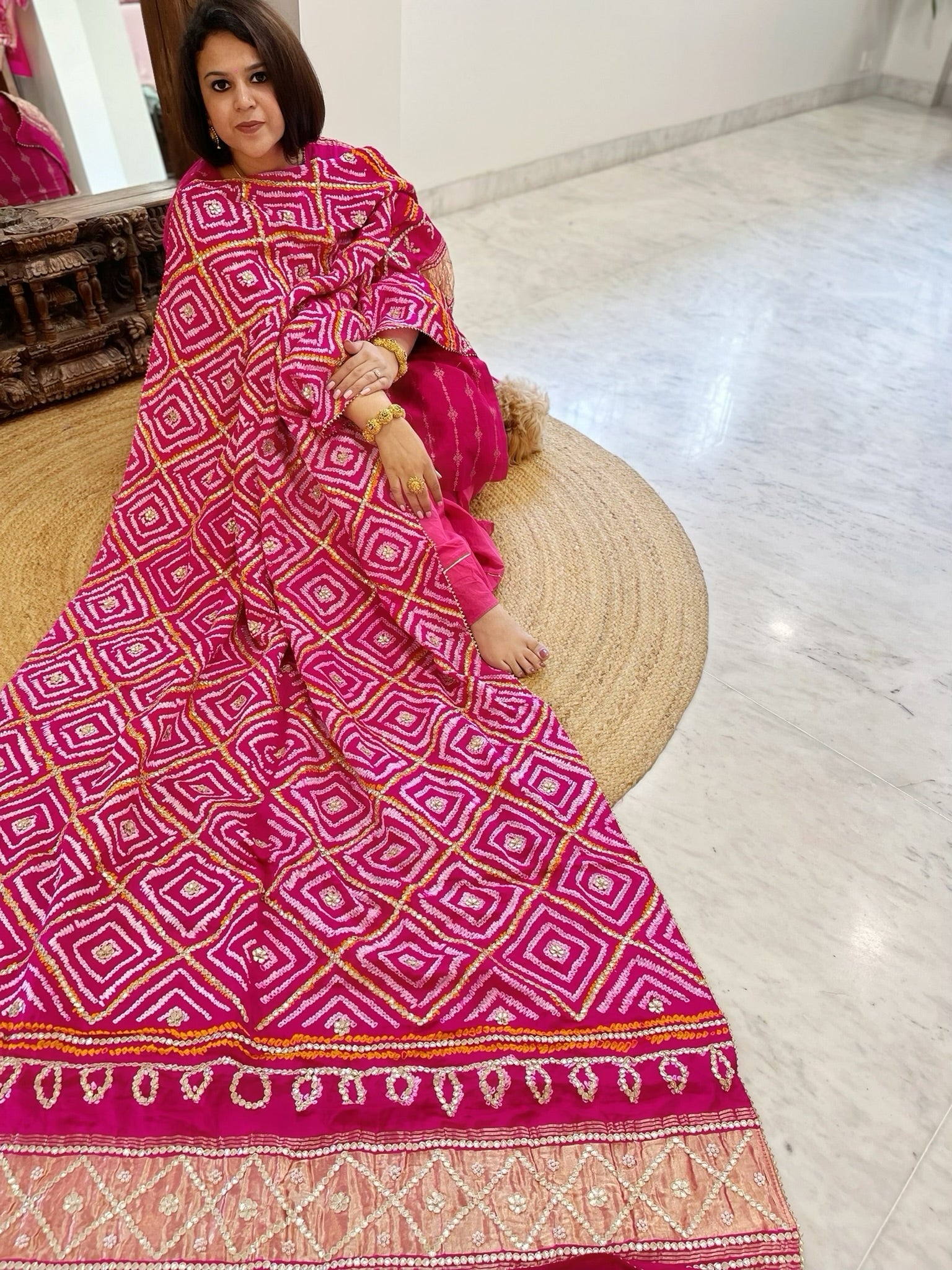 Pink Bandhani Dupatta with Gotapatti Handwork in Pure Silk - Masakalee