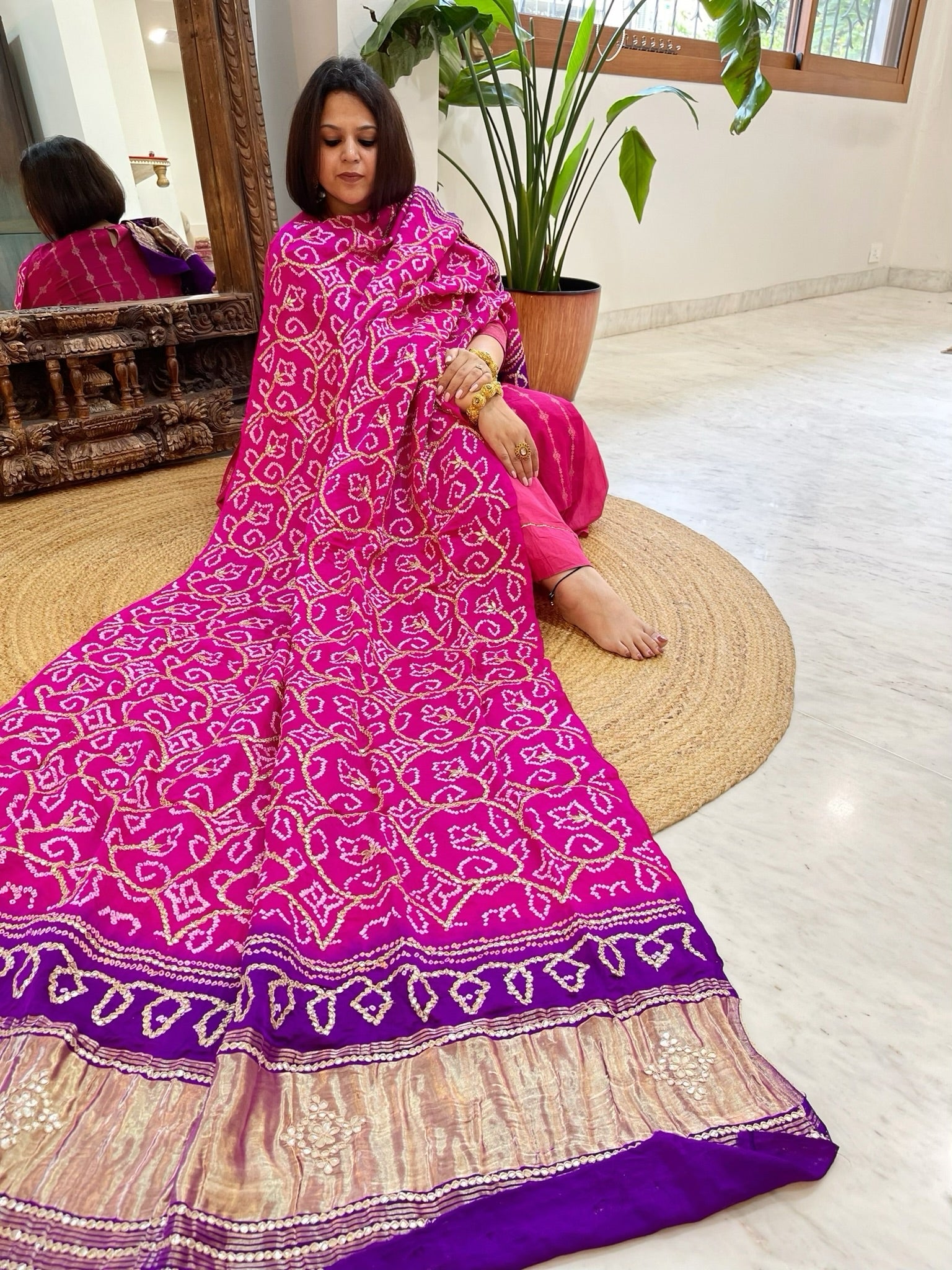 Pink Bandhani Dupatta with Gotapatti Handwork in Pure Silk - Masakalee