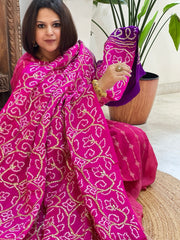 Pink Bandhani Dupatta with Gotapatti Handwork in Pure Silk - Masakalee