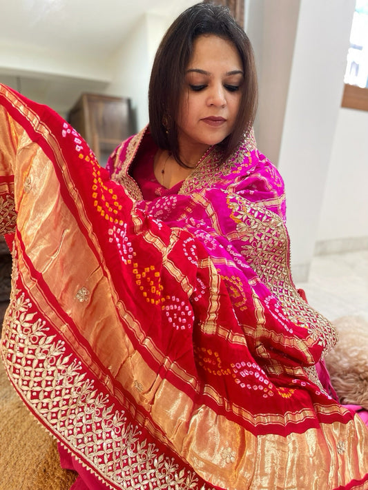 Pink Bandhani Dupatta with Gotapatti Handwork in Pure Silk - Masakalee