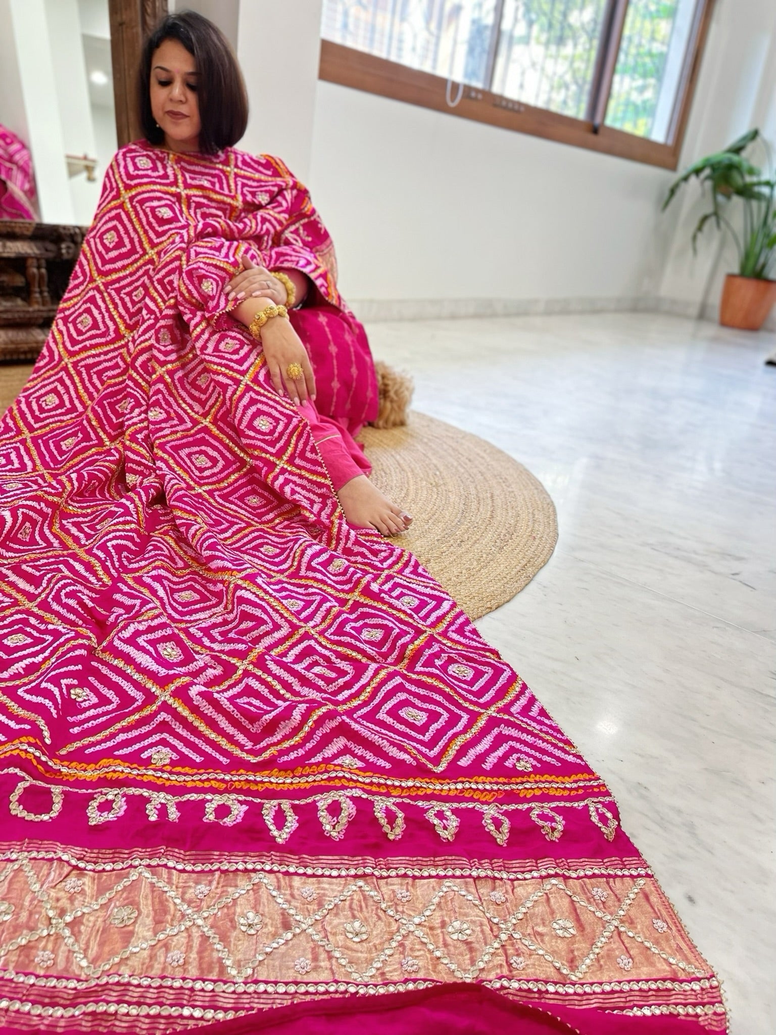 Pink Bandhani Dupatta with Gotapatti Handwork in Pure Silk - Masakalee