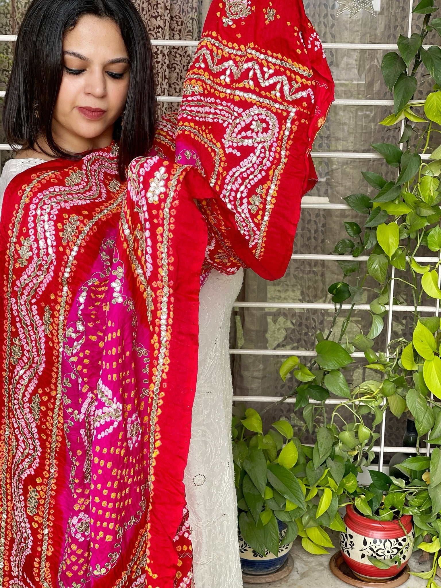 Pink Bandhani Dupatta with Gotapatti Handwork in Pure Silk - Masakalee