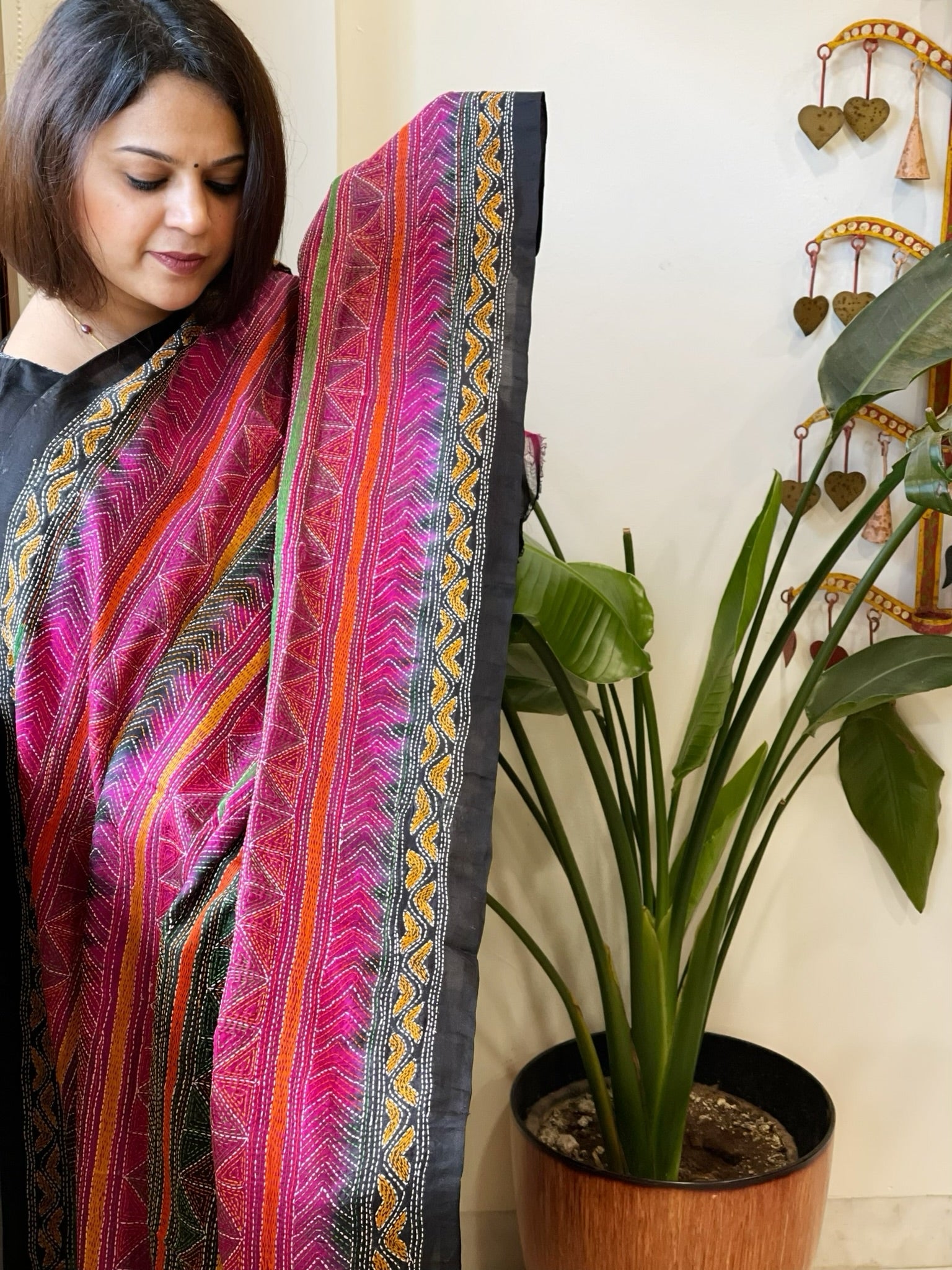 Pink, Black Handmade Kantha Dupatta in Silk - Masakalee