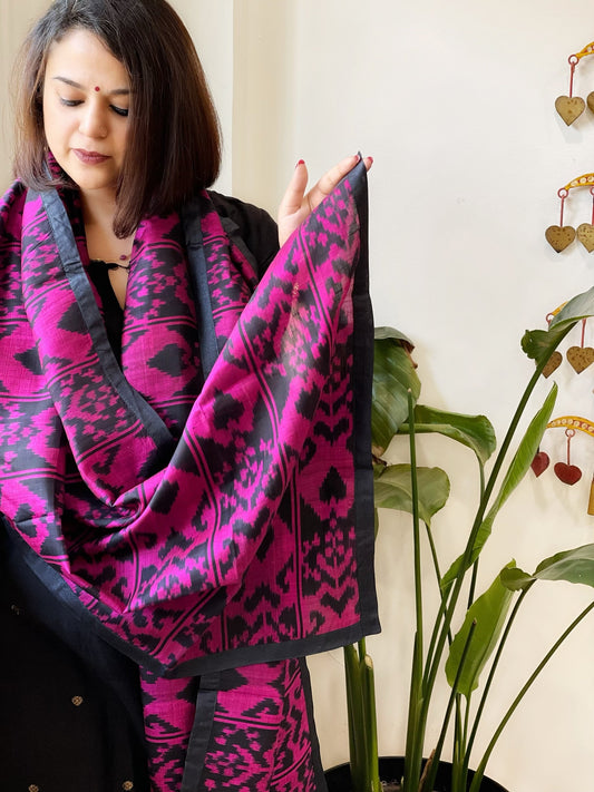 Pink, Black Woven Ikat Stoles in Pure Silk - Masakalee