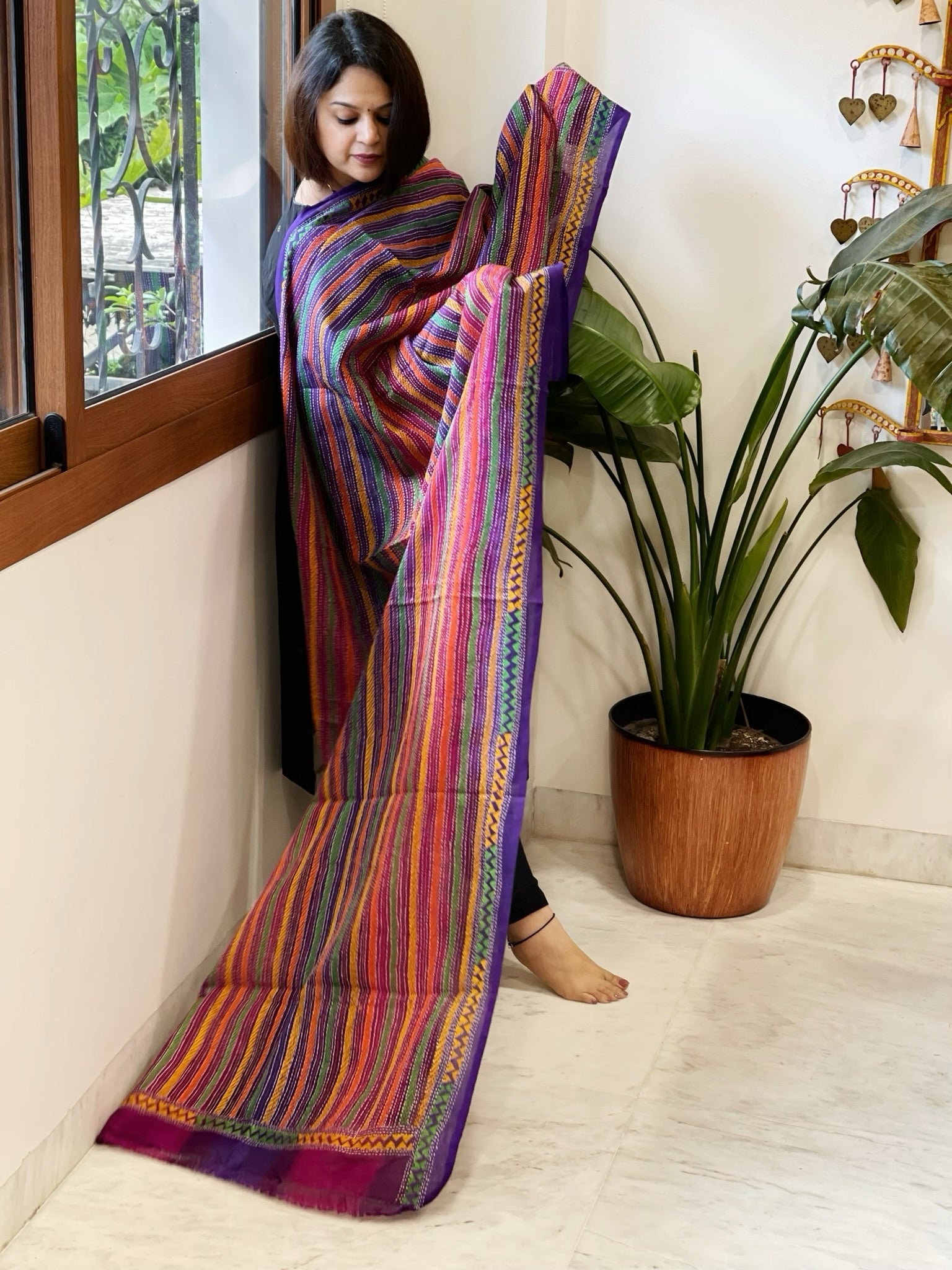 Pink, Blue Handmade Kantha Dupatta in Silk - Masakalee