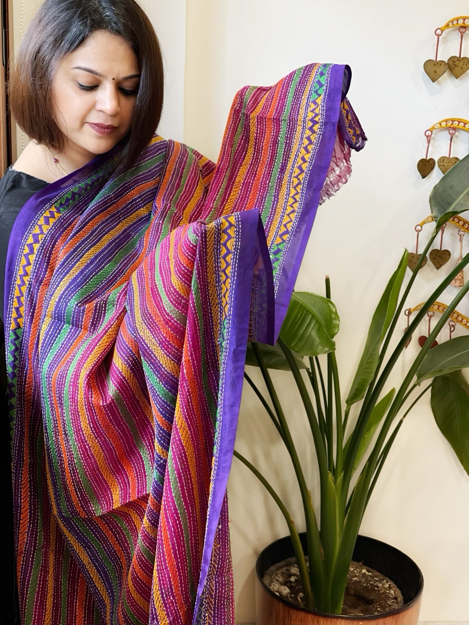 Pink, Blue Handmade Kantha Dupatta in Silk - Masakalee
