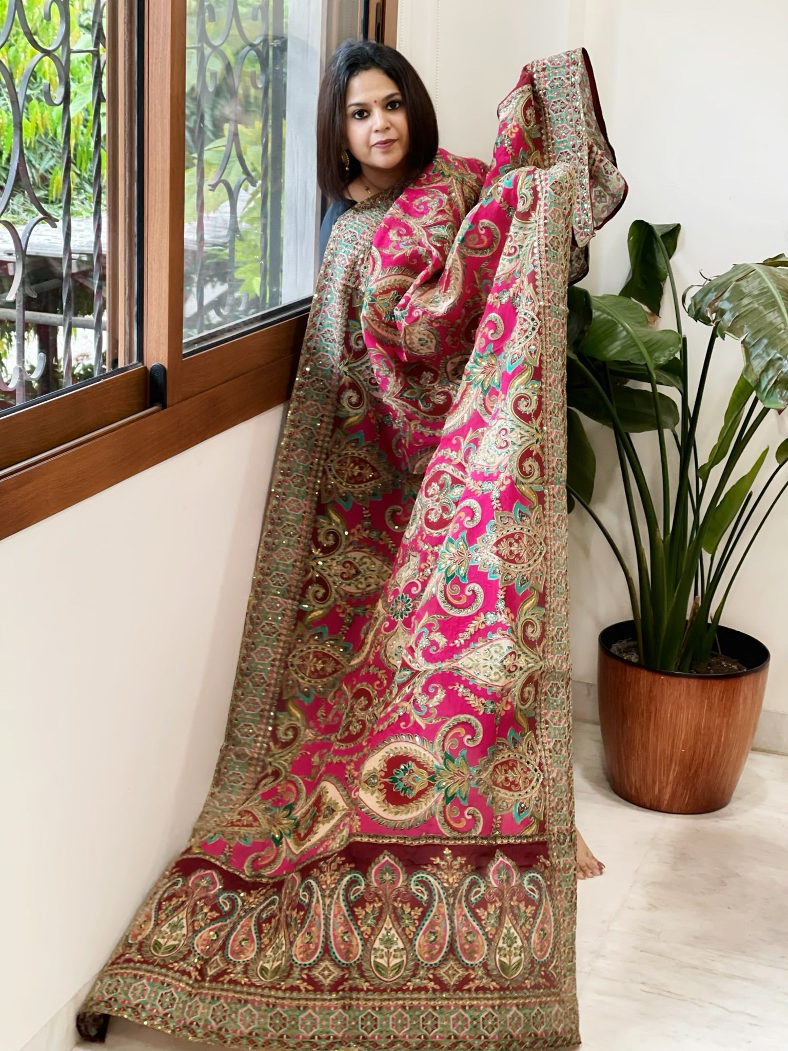 Pink Chinon Dupatta with Aari Embroidery - Masakalee
