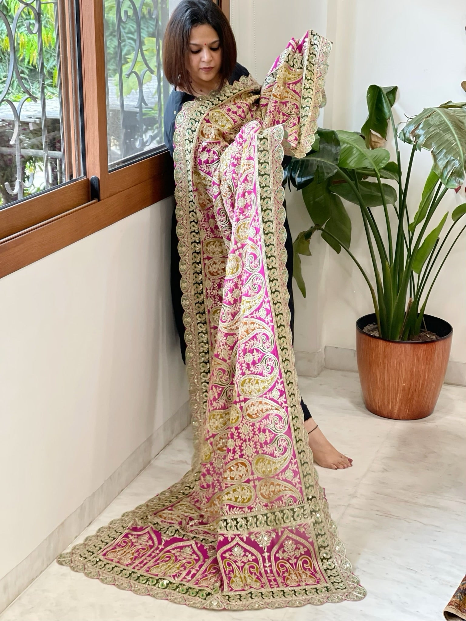 Pink Chinon Dupatta with Aari Embroidery - Masakalee