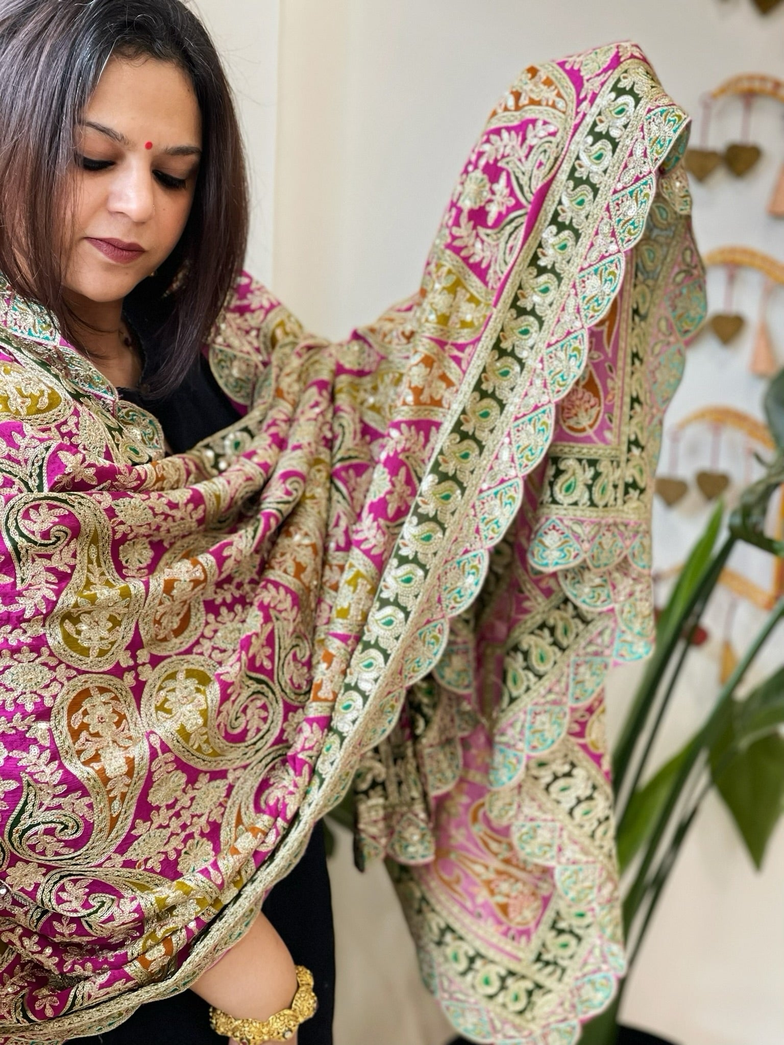 Pink Chinon Dupatta with Aari Embroidery - Masakalee