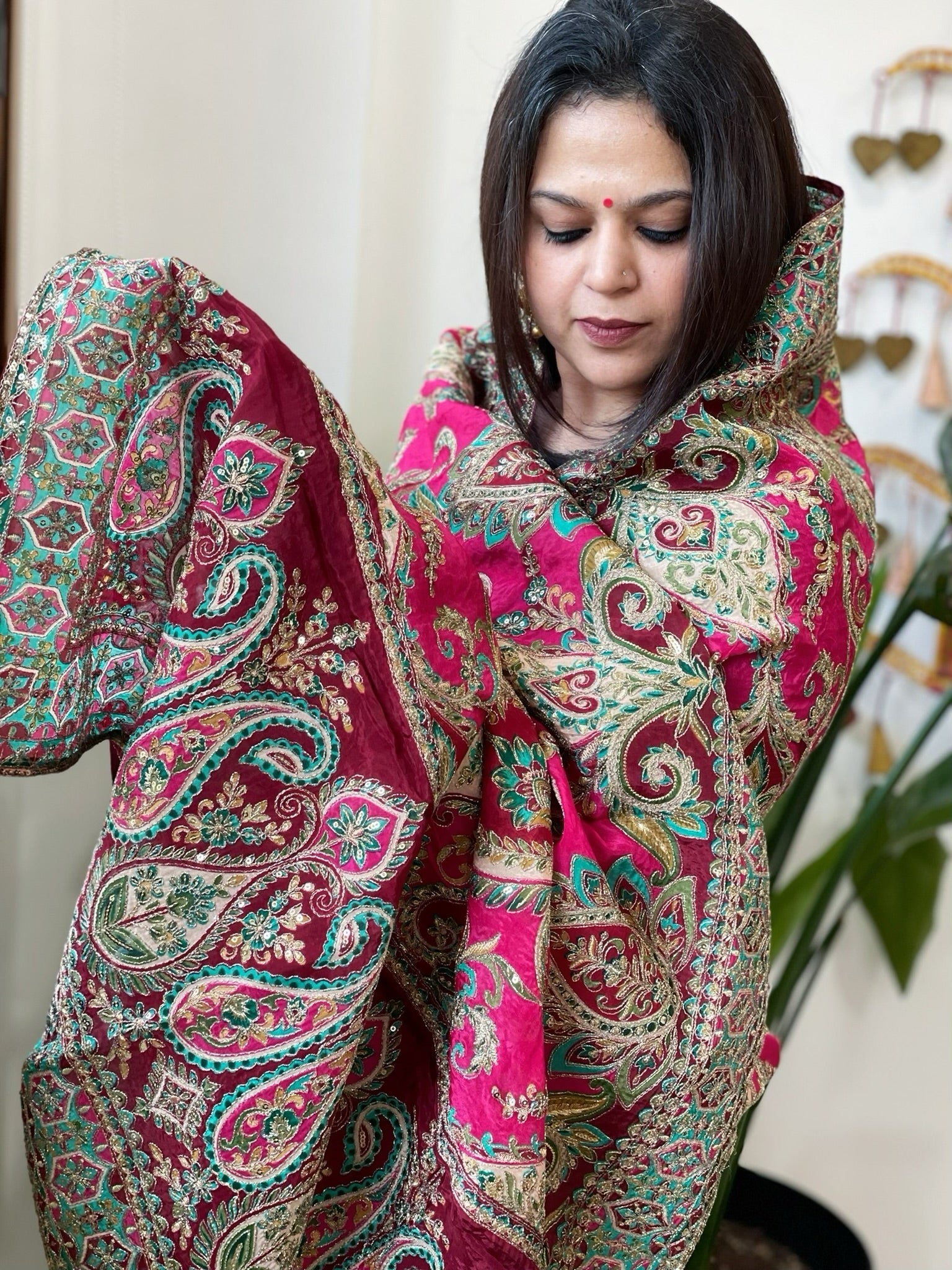 Pink Chinon Dupatta with Aari Embroidery - Masakalee
