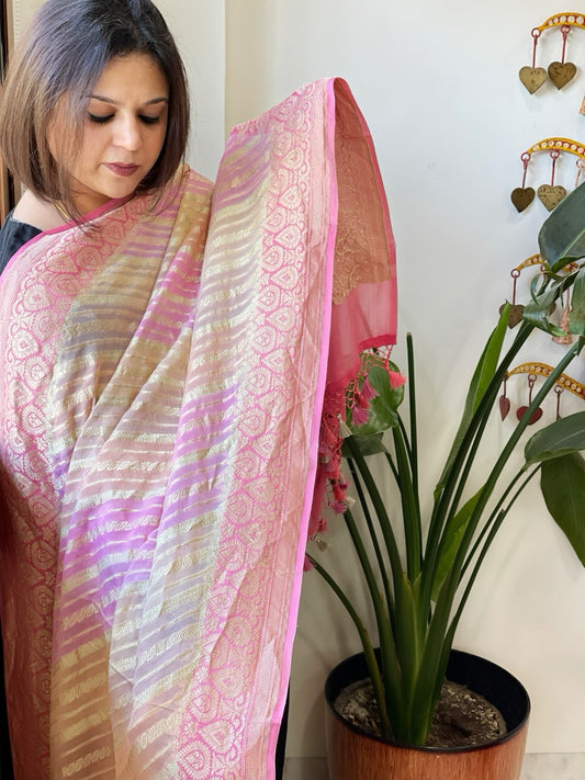Pink, Cream, Purple Handwoven Banarasi Rangkhat Dupatta in Pure Georgette - Masakalee