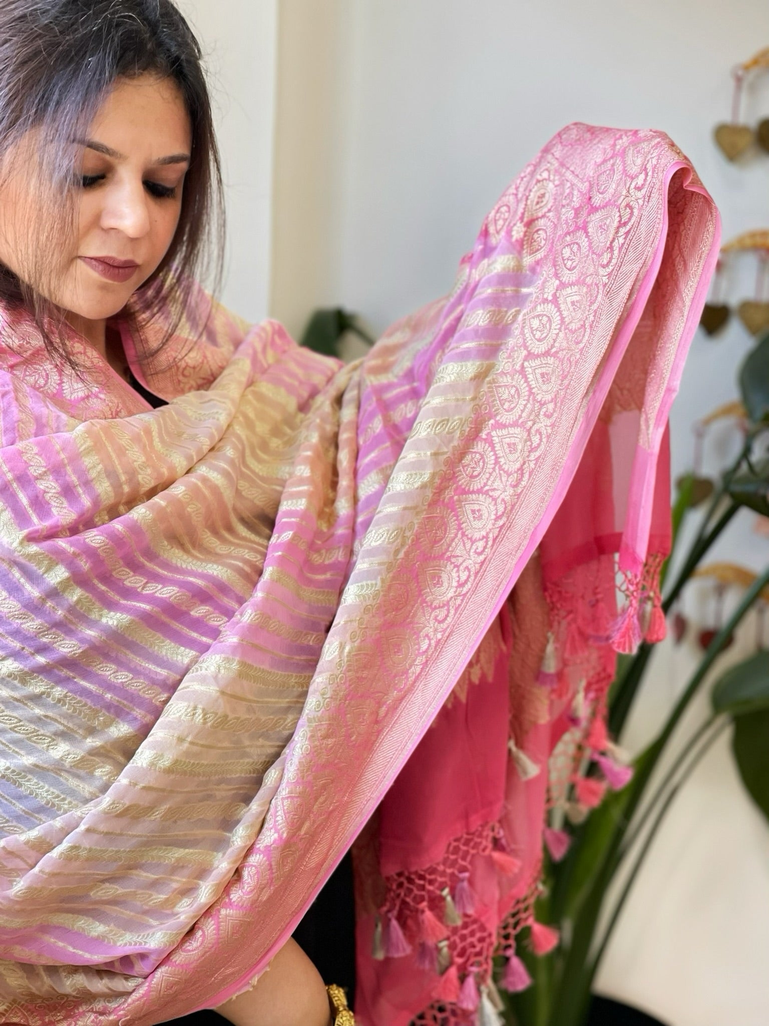 Pink, Cream, Purple Handwoven Banarasi Rangkhat Dupatta in Pure Georgette - Masakalee