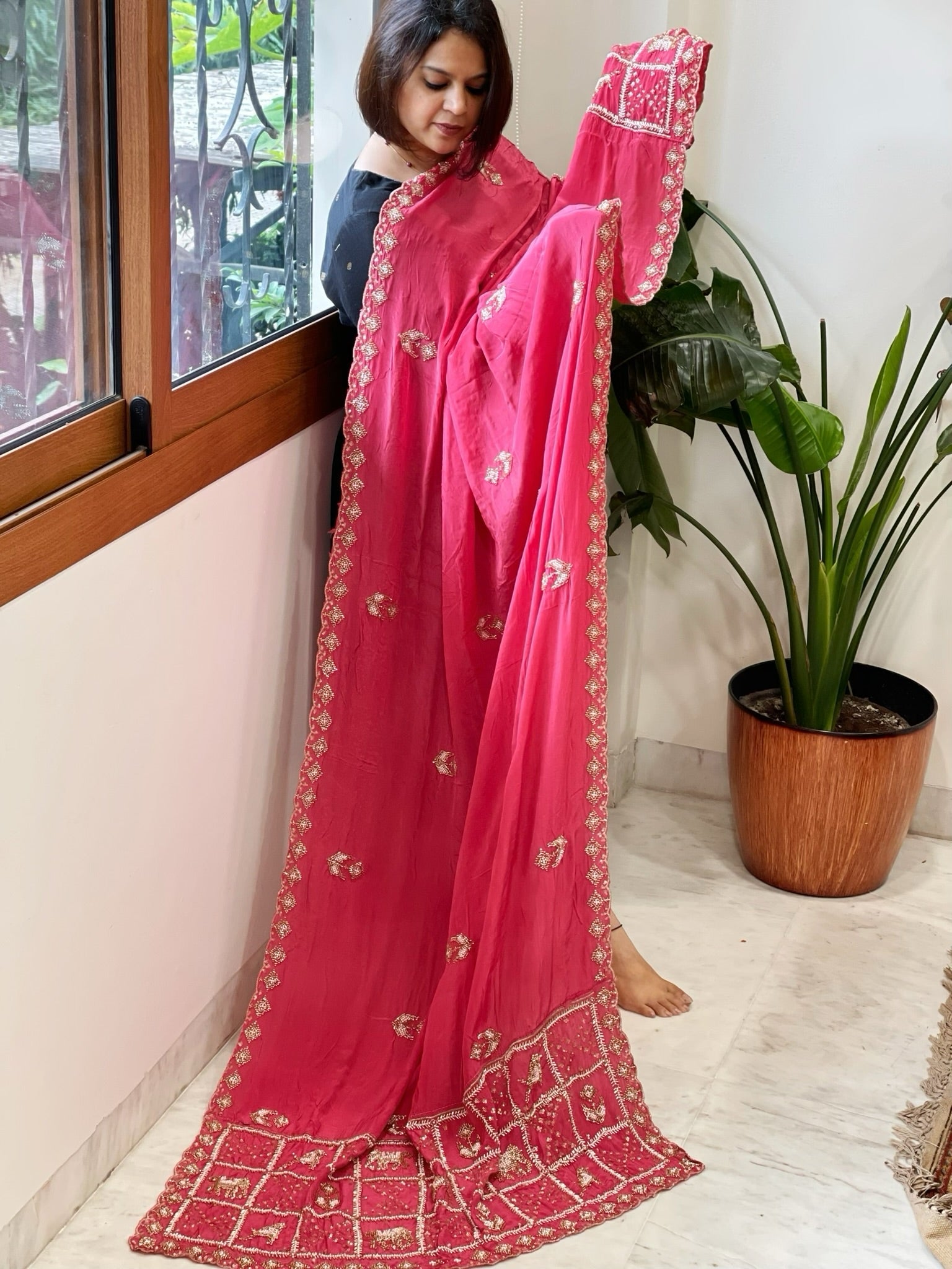 Pink Crepe Dupatta with Pearl, Cut Daana, Gold Thread & Sequin Embroidery - Masakalee