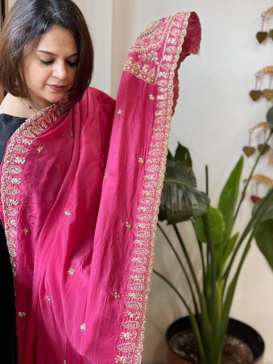 Pink Crepe Dupatta with Pearl, Cut Daana, Gold Thread & Sequin Embroidery - Masakalee