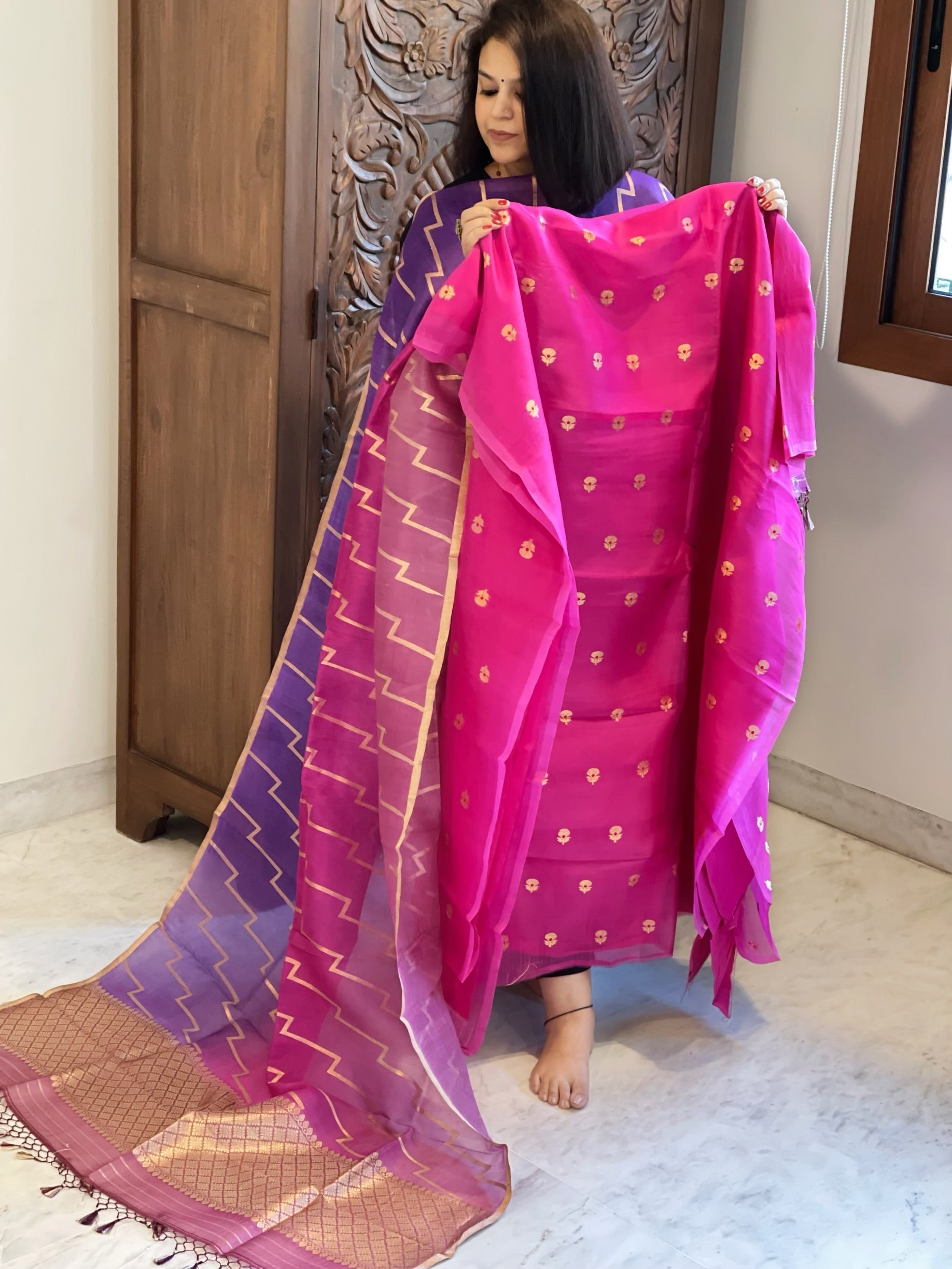 Pink Designer Banarasi Suit Set in Pure Organza - Masakalee