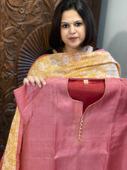 Pink Dupatta Set (Kurta+Dupatta) with Handblock Print in Pure Tussar Silk - Masakalee