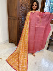 Pink Dupatta Set (Kurta+Dupatta) with Handblock Print in Pure Tussar Silk - Masakalee