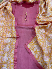 Pink Dupatta Set (Kurta+Dupatta) with Handblock Print in Pure Tussar Silk - Masakalee