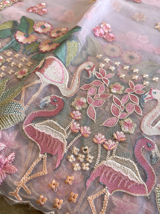 Pink Dupatta Set (Kurta+Dupatta) with Thread Embroidery in Pure Organza - Masakalee