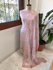 Pink Dupatta Set (Kurta+Dupatta) with Thread Embroidery in Pure Organza - Masakalee