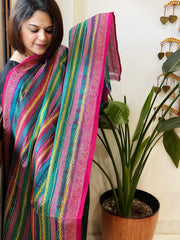 Pink, Green Handmade Kantha Dupatta in Silk - Masakalee