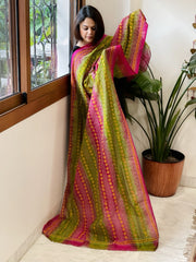 Pink, Green Handmade Kantha Dupatta in Silk - Masakalee