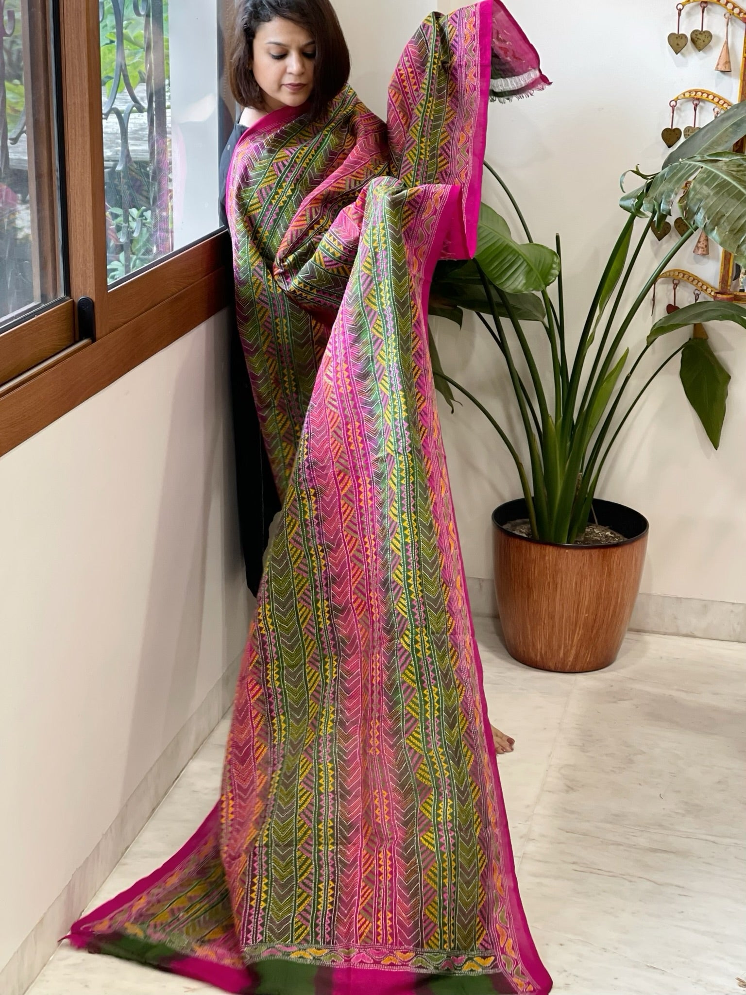 Pink, Green Handmade Kantha Dupatta in Silk - Masakalee